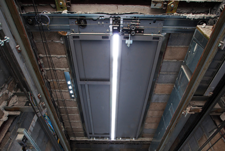 inside of roping elevator lift box builting in high building
