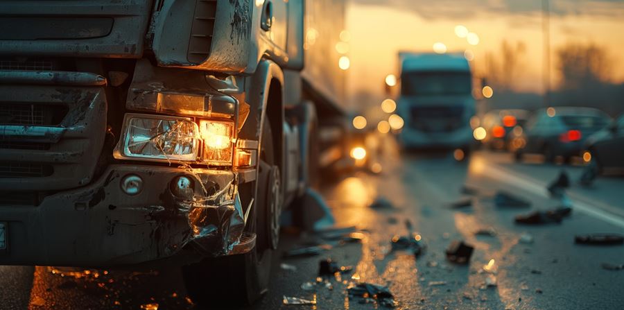 big truck accident on highway close up of damaged vehicle after crash with other vehicles and traffic jam at dus broken glass and debris around the scene on the car crash traffic accident scene