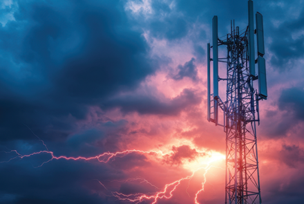 cell tower struck by lightning during intense storm at twilight use it to illustrate telecommunications risk or stormy weather