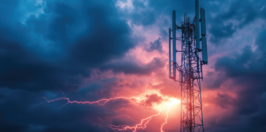cell tower struck by lightning during intense storm at twilight use it to illustrate telecommunications risk or stormy weather