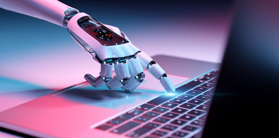 Robotic hand pressing a keyboard on a laptop 3D rendering