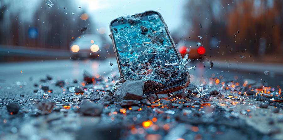 collision alert car accident with giant cell phone barrier on road distracted driving danger generated by ai