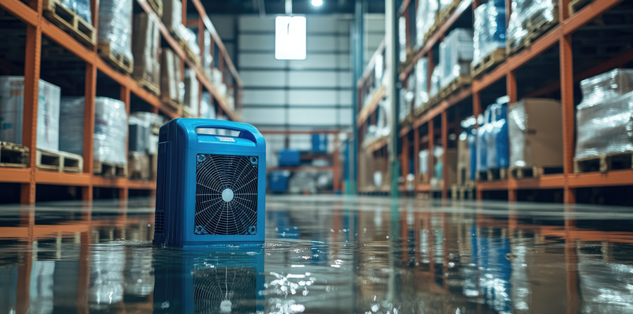 flooded warehouse interior with portable sound system in the center of the water damage