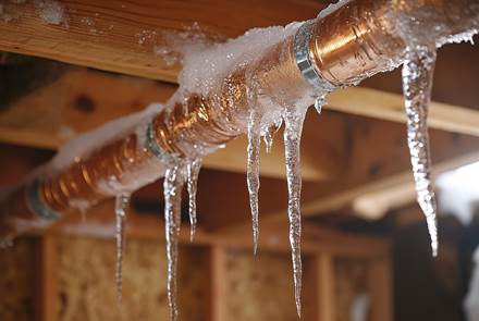 lose up of a frozen burst water pipe in a north american home with icicles forming