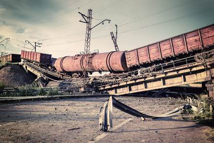 destroyed bridge with wagons