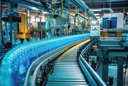 process of beverage manufacturing on a conveyor belt at a factory