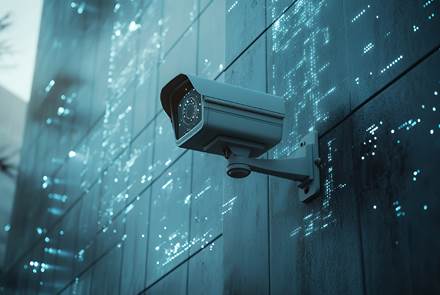 a cctv camera mounted on a wall with a blue light reflection