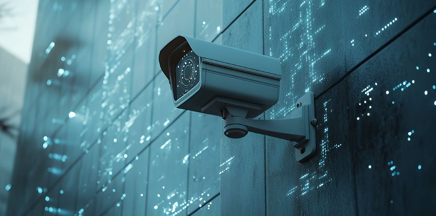 a cctv camera mounted on a wall with a blue light reflection