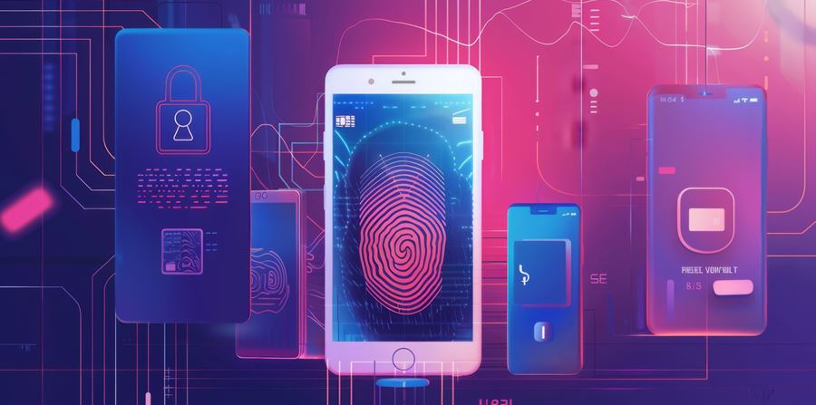 a modern cell phone displaying a clear fingerprint on its screen showcasing biometric security technology in use