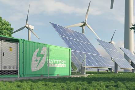 renewable energy from wind turbines and solar panels stored in batteries
