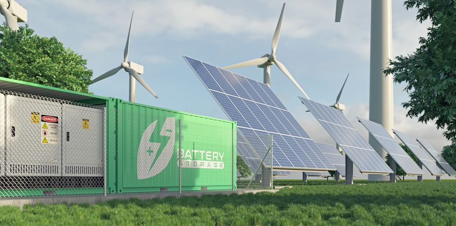 renewable energy from wind turbines and solar panels stored in batteries