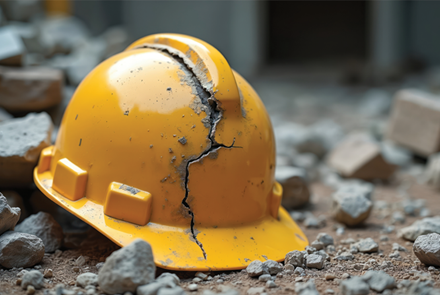 damaged yellow hard hat lies among ruins cracked helmet danger accident at construction site safety violation hazard at demolition area crumbling building