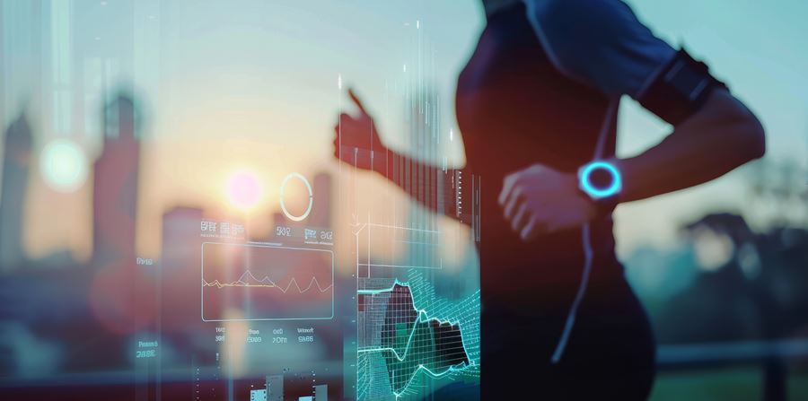 blurry background featuring a silhouette of a running man alongside wearable technology including a fitness tracker smartphone heart rate monitor and smartwatch