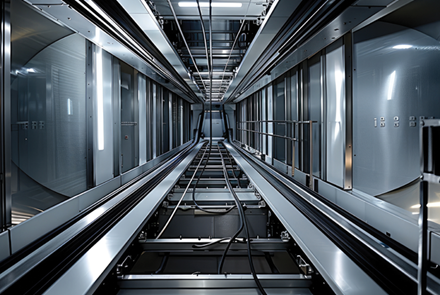 looking down the elevator shaft see the elevator car and the cables