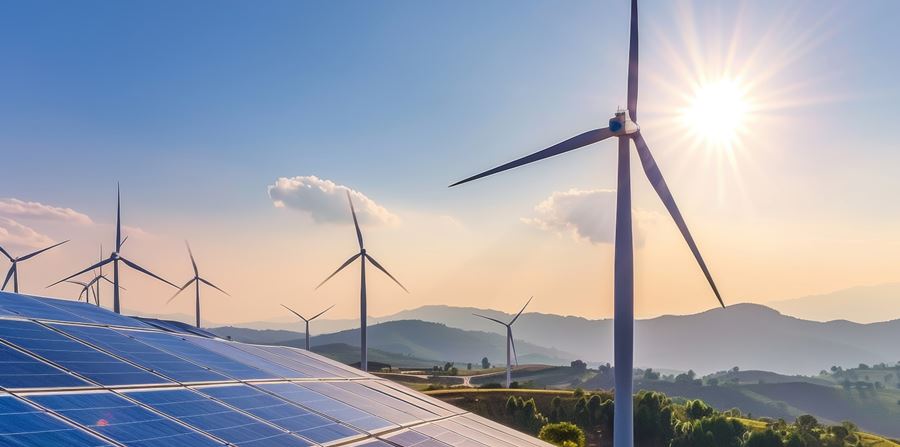 sustainable energy landscape with solar panels and wind turbines