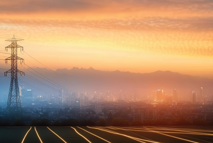 smart grid connected high power electricity poles enhancing urban energy distribution at sunset