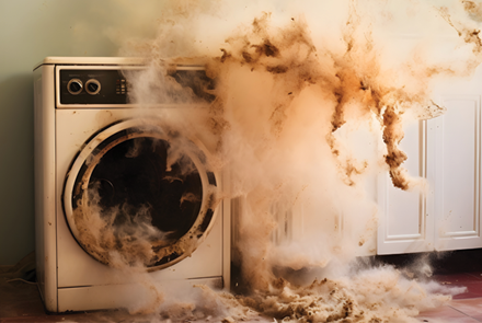 overheated tumble dryer catching fire and billowing thick smoke into the room dangerous household appliance malfunction hazard