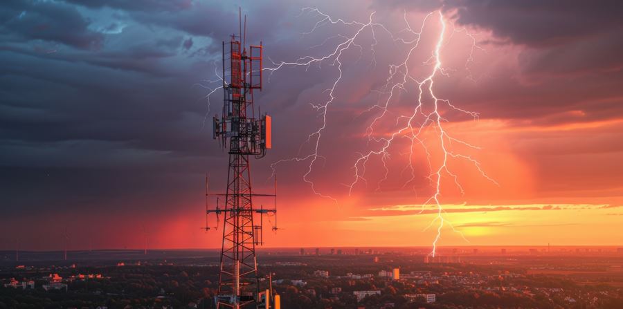 lightning strikes a mobile tower against the backdrop of a big city